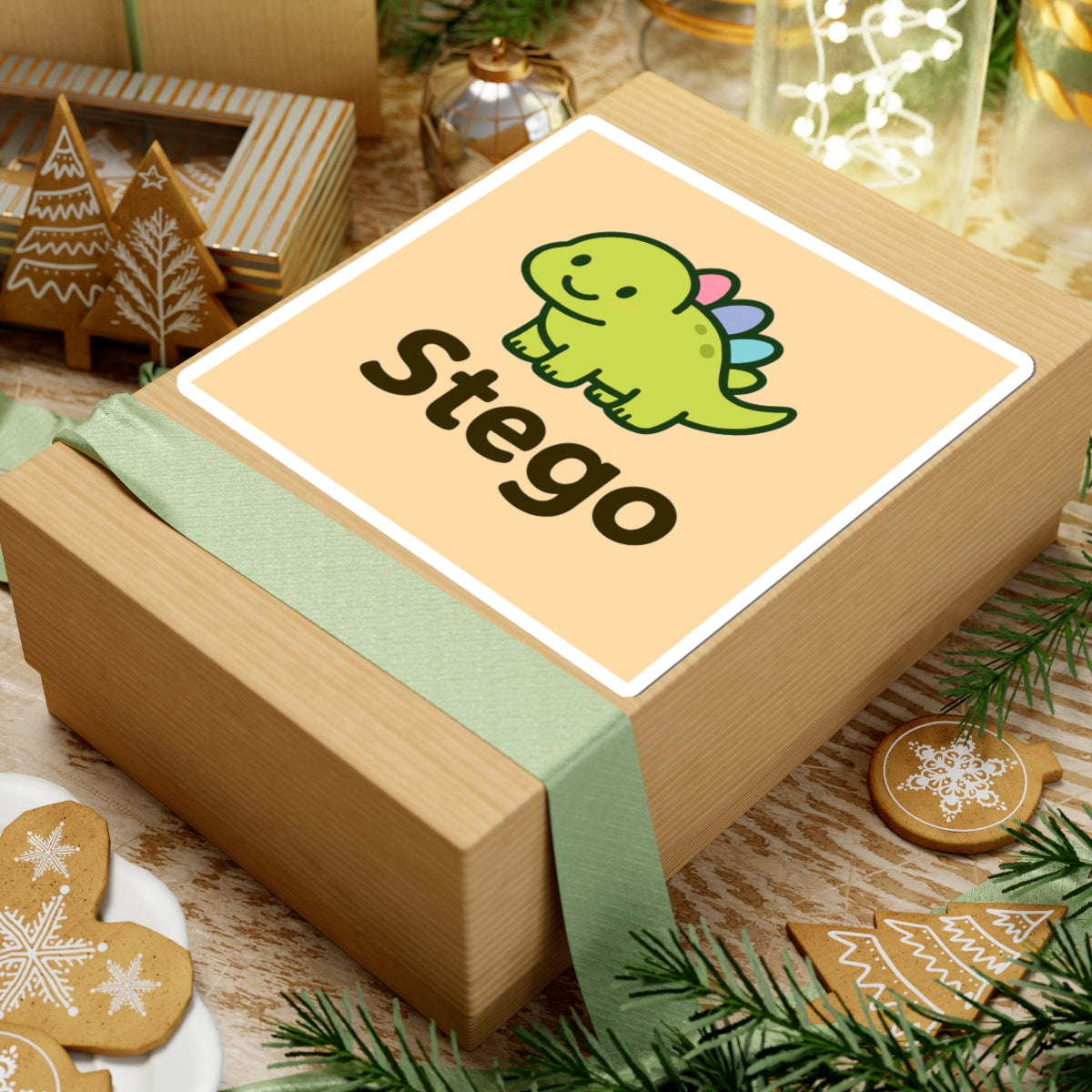 Cute Stego Dinosaur Sticker — Kawaii Green Dino Kiss-Cut Decal